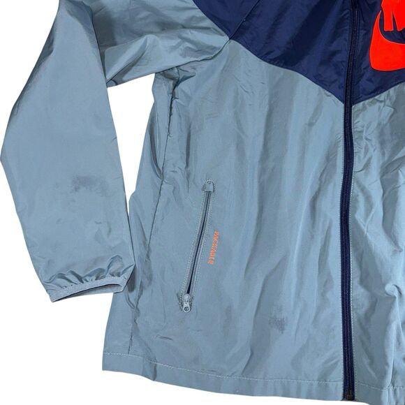 Nike Packable Running Wind Rain Jacket Womens XL‎ Hooded Big Logo Blue Gray - Picture 9 of 11